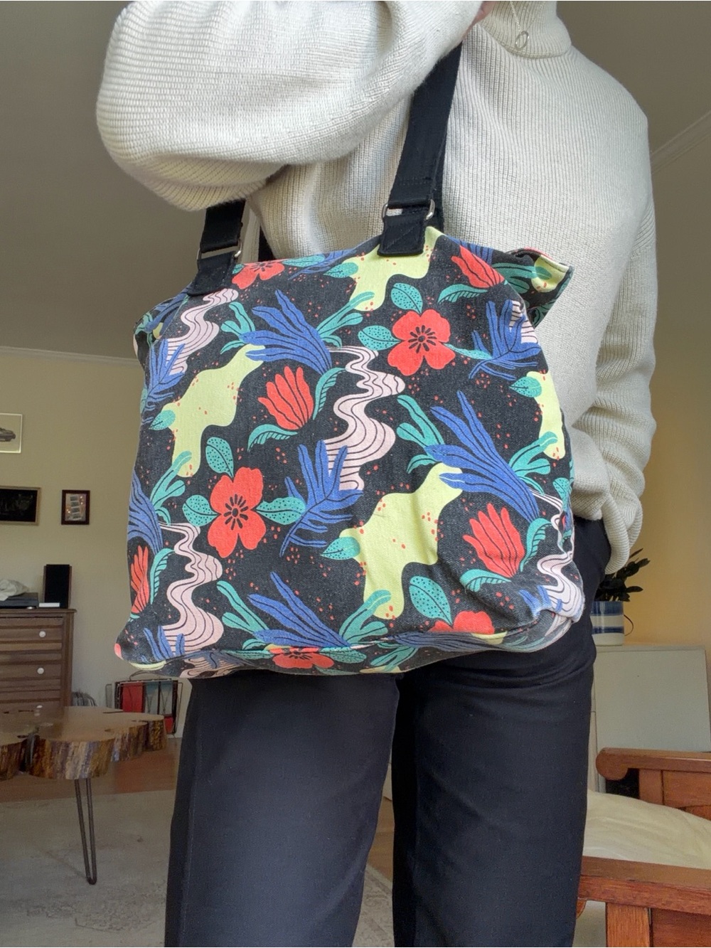 Floral Pattern Canvas Tote Bag in Black with Multicolor Print